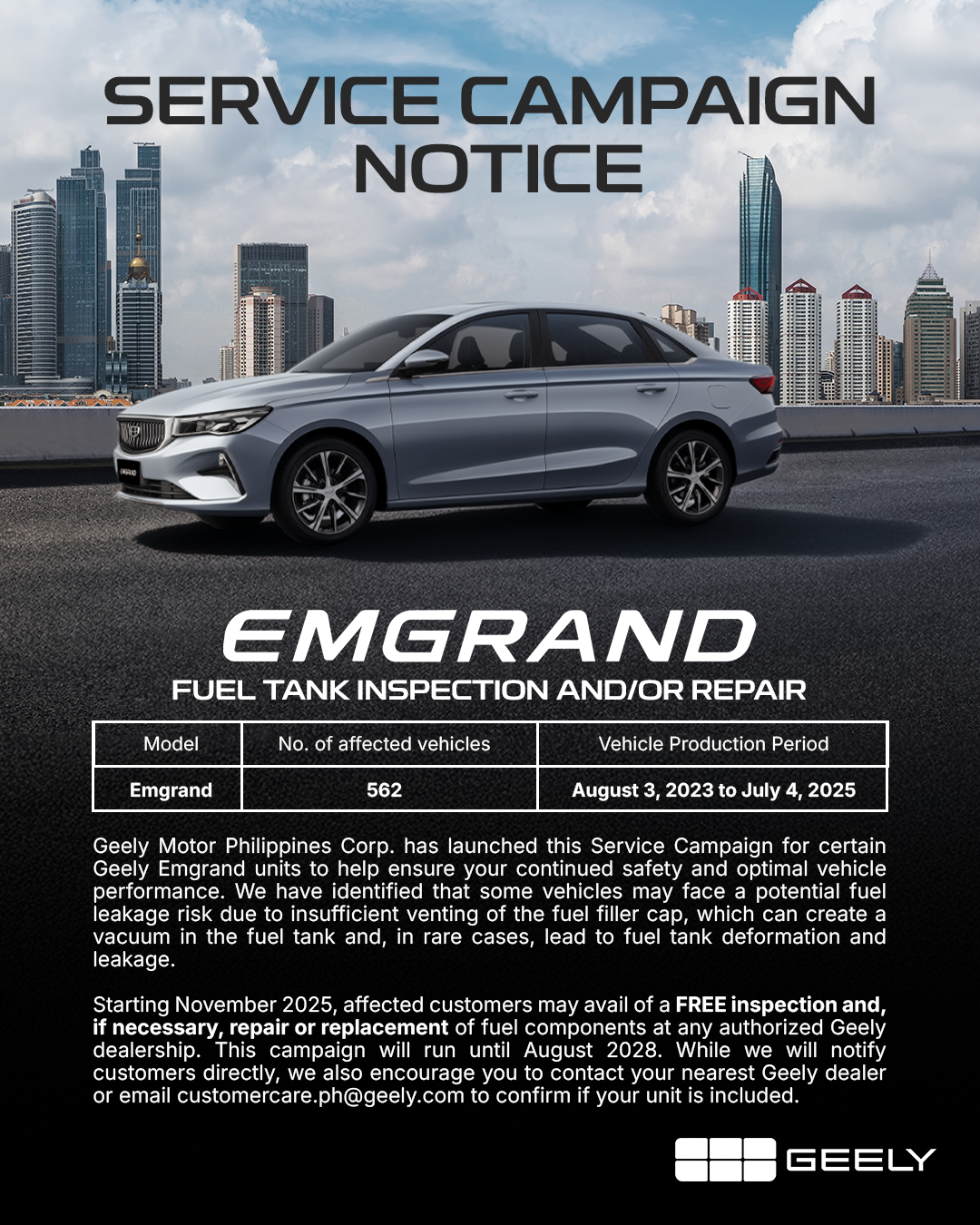Emgrand SERVICE CAMPAIGN NOTICE
